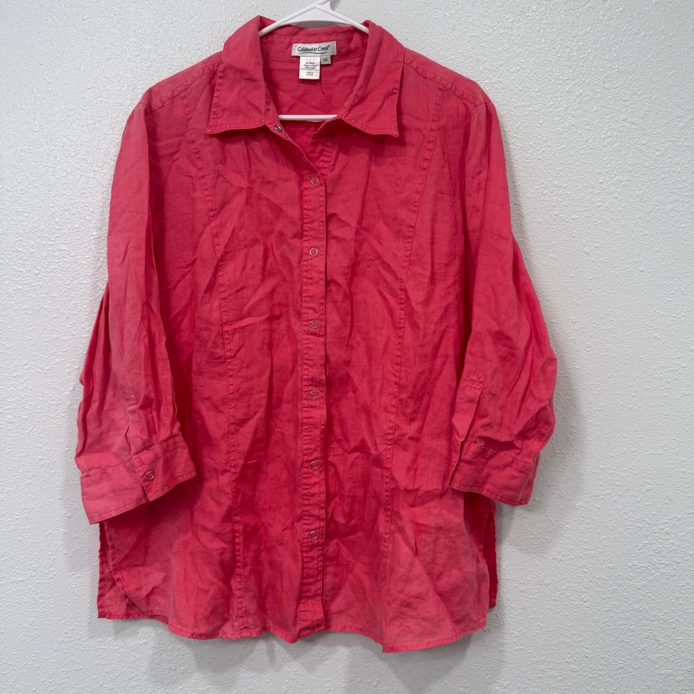 Coldwater Creek 100% Linen Button Down Shirt Coral Pink 2X Plus Size 3/4 Sleeve